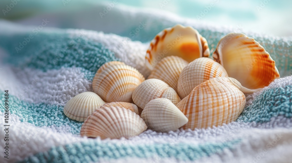 A small pile of seashells resting on a beach towel, capturing the essence of summer. A small pile of seashells resting on a beach towel, capturing the essence of summer.