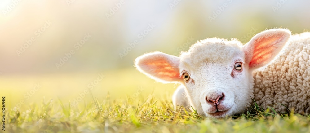 Fototapeta premium A tight shot of a sheep gazing at the camera, set against a softly blurred grassy backdrop