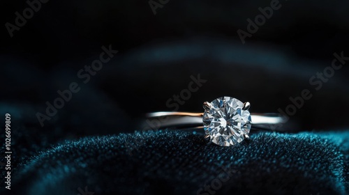 A solitaire diamond ring displayed against a rich black velvet background, glowing under soft light.