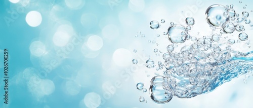  A tight shot of water bubbles against a backdrop of blue, surrounded by a soft, hazy illumination photo