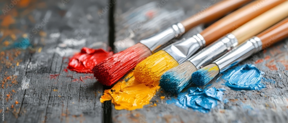 Obraz premium A collection of paintbrushes aligned on a wooden table, surrounded by spilled paint