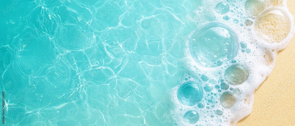 Naklejka premium A sandy beach adjacent to the crystal-clear ocean, its depths displaying blue water and frothy bubbles at the bottom