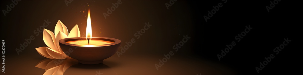 Burning diya oil lamp on abstract dark background. Deepavali, Diwali. Traditional Hindu festival of lights. Loy Krathong. Template with copyspace for greeting card, banner, poster for Indian holidays Burning diya oil lamp on abstract dark background. Deepavali, Diwali. Traditional Hindu festival of lights. Loy Krathong. Template with copyspace for greeting card, banner, poster for Indian holidays