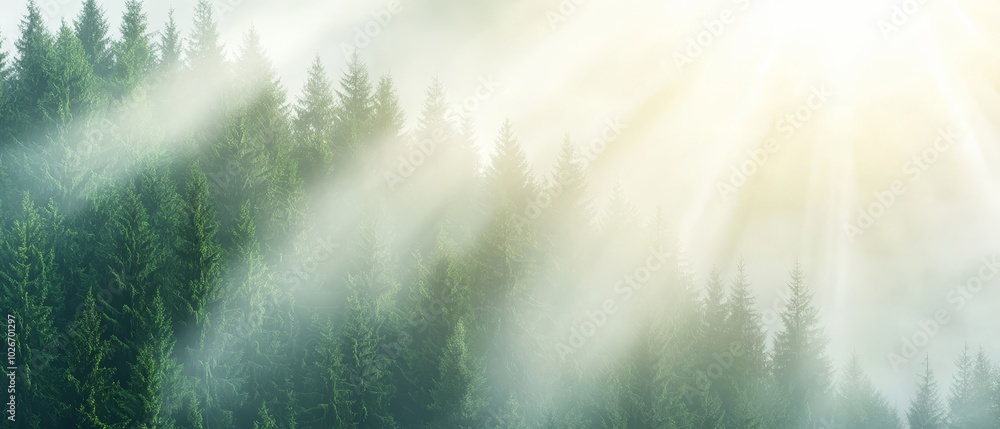 A forest teeming with many green trees beneath a cloud-studded, blue sky, where sunbeams filter through tree tops A forest teeming with many green trees beneath a cloud-studded, blue sky, where sunbeams filter through tree tops
