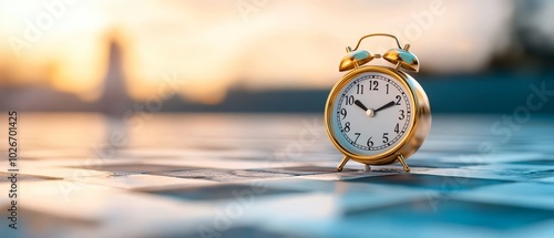  A golden alarm clock atop a blue-and-white checked tile floor, sunset backdrop photo