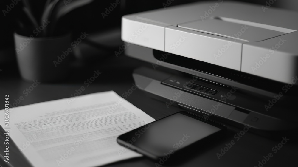 Close-up of a wireless printer printing a black and white document, with a smartphone on the desk. Close-up of a wireless printer printing a black and white document, with a smartphone on the desk.