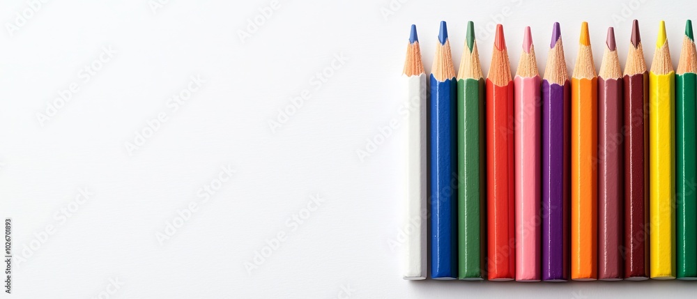 A line of colored pencils aligned on a white tabletop, one pencil protruding upward A line of colored pencils aligned on a white tabletop, one pencil protruding upward