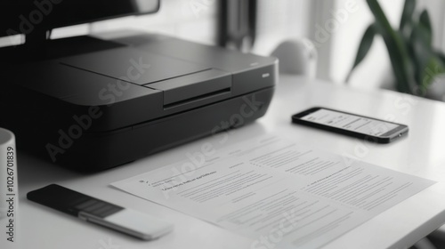 Close-up of a wireless printer printing a black and white document, with a smartphone on the desk.