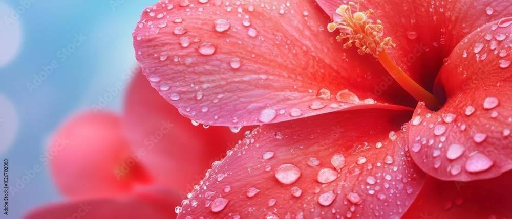 Fototapeta premium A red flower with dewdrops and a blurred backdrop of pink blossoms