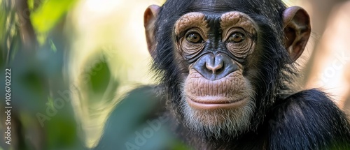  A tight shot of a chimpanzee's face against a softly blurred backdrop of leafy trees