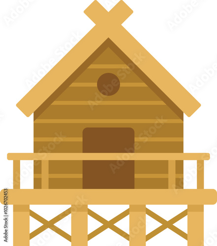 Simple illustration representing a wooden hut built on stilts over water, with a terrace, crossed beams on the roof, and a round window, in flat design