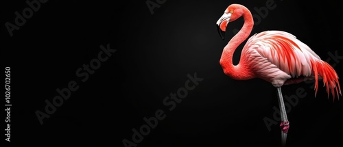  A pink flamingo stands in the darkness, head askew, legs splayed