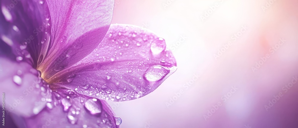 A tight shot of a purple bloom dotted with water beads, alongside a pink blossom in the foreground A tight shot of a purple bloom dotted with water beads, alongside a pink blossom in the foreground
