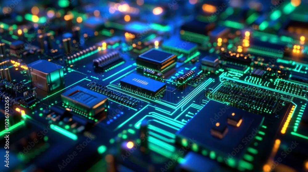 Complex digital circuitry glowing in vibrant green and blue against a dark backdrop. Complex digital circuitry glowing in vibrant green and blue against a dark backdrop.