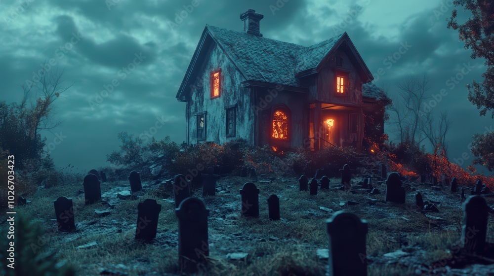 A weathered old house sitting on a hill, decorated with eerie Halloween decorations A weathered old house sitting on a hill, decorated with eerie Halloween decorations