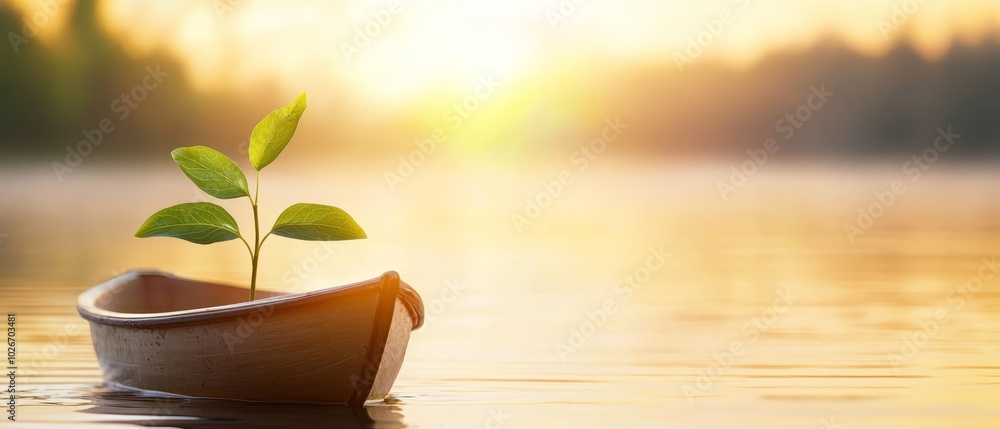 A small boat afloat on a body of water, sporting a plant atop A small boat afloat on a body of water, sporting a plant atop