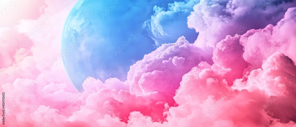 Fototapeta premium Blue-pink sky with clouded foreground, moon - blue, centrally positioned