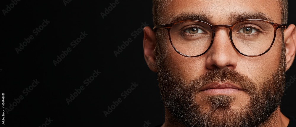 Man with beard and glasses, seriously gazes into camera against black backdrop Man with beard and glasses, seriously gazes into camera against black backdrop