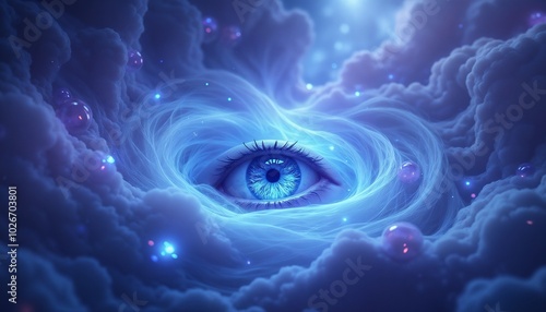 Mystical blue eye emerging from swirling clouds and cosmic energy, spiritual and abstract concept photo