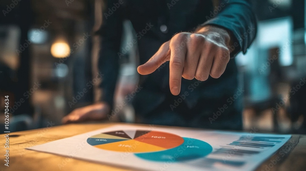 Financial advisor pointing to a pie chart showing budget distribution during a client consultation in a modern office. Financial advisor pointing to a pie chart showing budget distribution during a client consultation in a modern office.