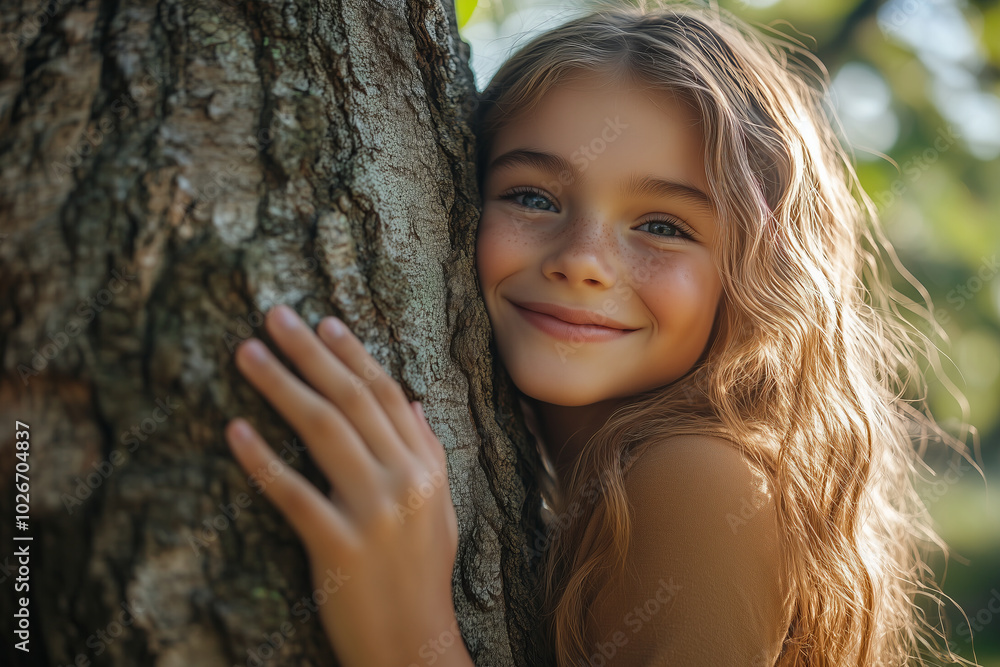Caucasian girl hugging the trunk of a big tree in the forest Caucasian girl hugging the trunk of a big tree in the forest