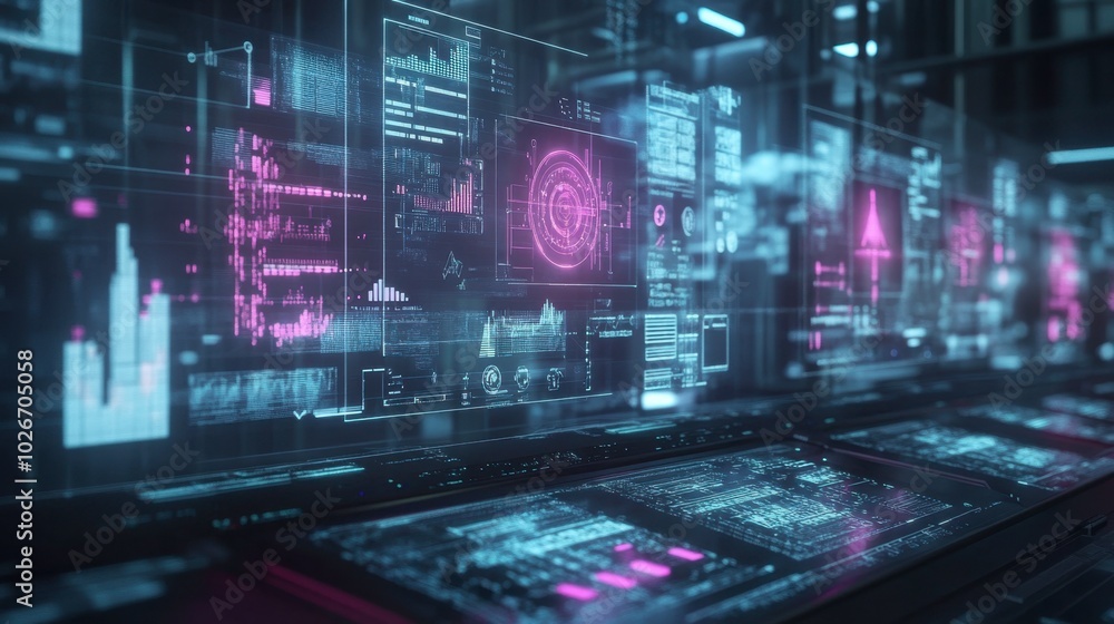 Floating data charts and icons, displayed as holograms in a high-tech digital interface. Floating data charts and icons, displayed as holograms in a high-tech digital interface.
