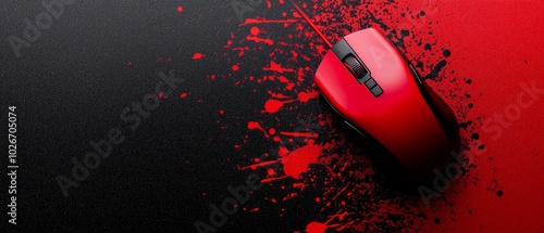  A red mouse atop a black surface, surrounded by red paint splatters on its sides A separate black surface bearing similar red paint splatters