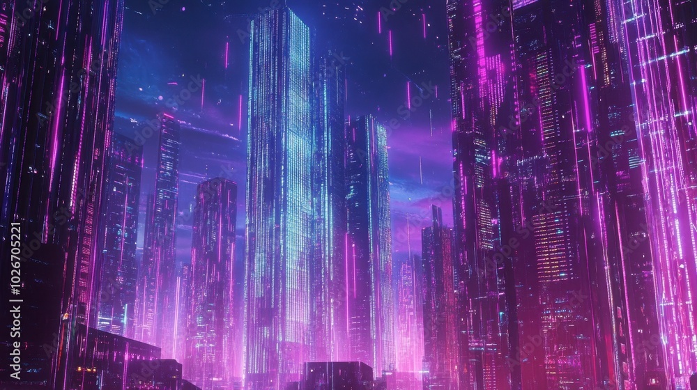 Futuristic digital cityscape with tall skyscrapers made of light and code. Futuristic digital cityscape with tall skyscrapers made of light and code.