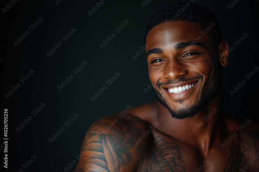 African American man has tattoos on his body on black background. African American man has tattoos on his body on black background.