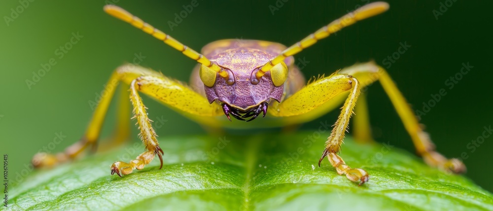 A close-up of a vibrant purple and yellow insect perched on a lush green leaf, with water droplets glistening on its transparent wings A close-up of a vibrant purple and yellow insect perched on a lush green leaf, with water droplets glistening on its transparent wings
