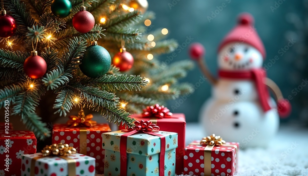 Cozy Christmas Setting with Snowman and gifts Cozy Christmas Setting with Snowman and gifts