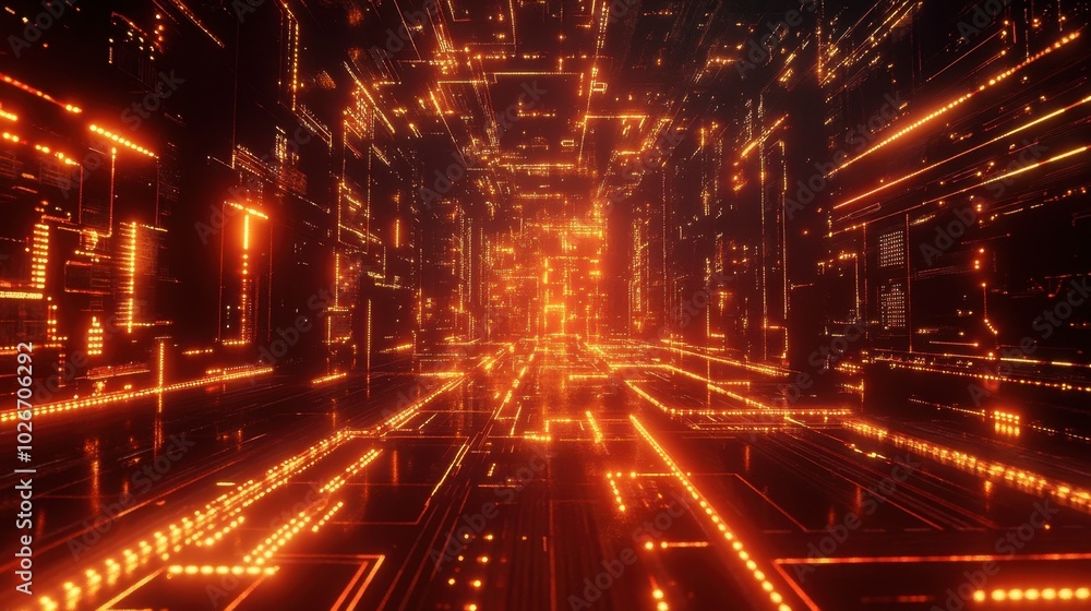 Glowing circuit board pathways and geometric patterns forming a futuristic tech design. Glowing circuit board pathways and geometric patterns forming a futuristic tech design.