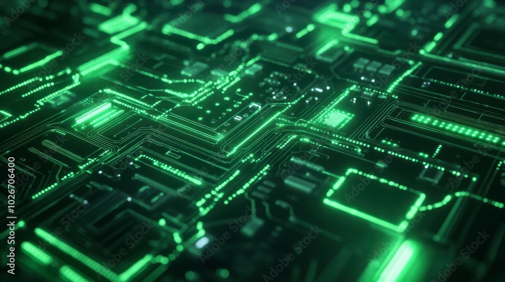 Glowing circuit board pattern in green with lines connecting various components. Glowing circuit board pattern in green with lines connecting various components.