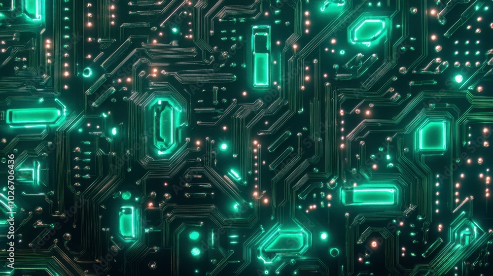 Glowing circuit board pattern in green with lines connecting various components. Glowing circuit board pattern in green with lines connecting various components.