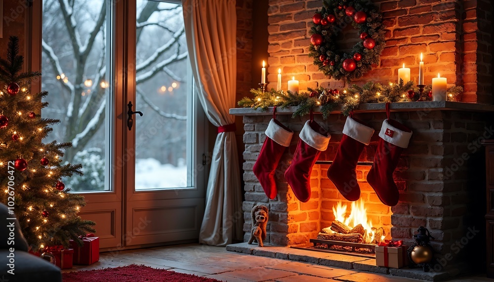a cozy room with fireplace and christmas decoration a cozy room with fireplace and christmas decoration