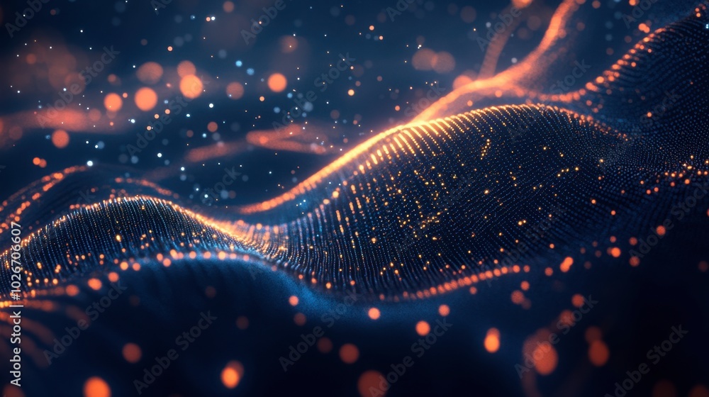 Glowing digital particles swirling and moving across a dark blue abstract background. Glowing digital particles swirling and moving across a dark blue abstract background.