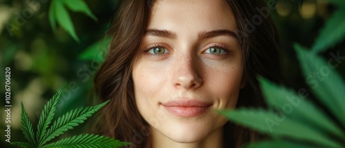  A tight shot of a woman's face surrounded by leaves and a green plant in the foreground