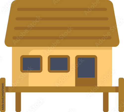 Simple vector illustration of a wooden house on stilts over water, isolated on white background
