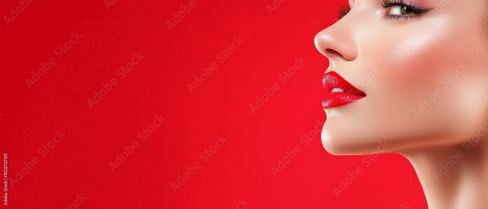 A woman's face, tightly framed, wears bold red lipstick against a monochromatic backdrop Her visage is set against a red background, while a red wall A woman's face, tightly framed, wears bold red lipstick against a monochromatic backdrop Her visage is set against a red background, while a red wall