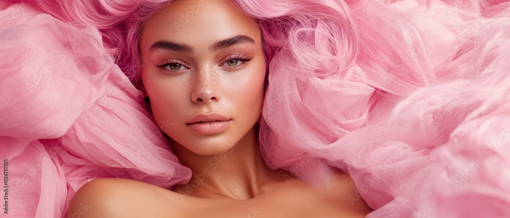 A woman with pink hair poses in a pink dress, her hair billowing in the wind - close-up A woman with pink hair poses in a pink dress, her hair billowing in the wind - close-up