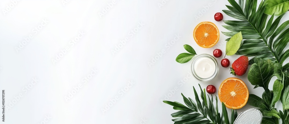 Oranges, strawberries, cranberries, and yogurt on a white background with palms leafically framed ..Alternatively, for Oranges, strawberries, cranberries, and yogurt on a white background with palms leafically framed ..Alternatively, for