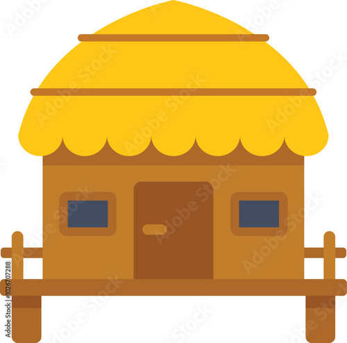 Simple vector illustration of a wooden hut with a thatched roof, standing on stilts, isolated on a white background
