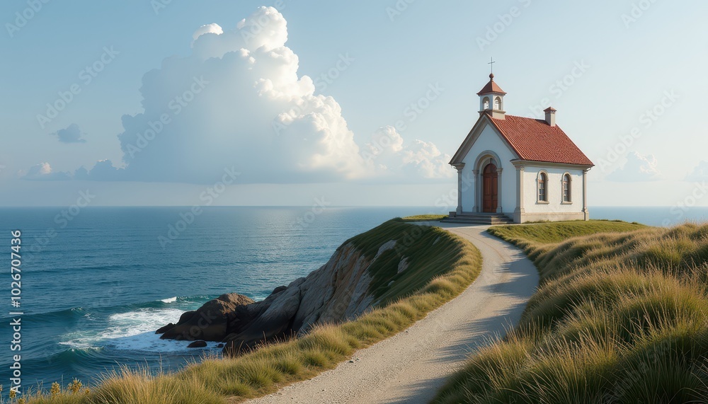 A quiet coastal scene with a small chapel overlooking the ocean, symbolizing the connection between the vastness of the sea and divine contemplation A quiet coastal scene with a small chapel overlooking the ocean, symbolizing the connection between the vastness of the sea and divine contemplation