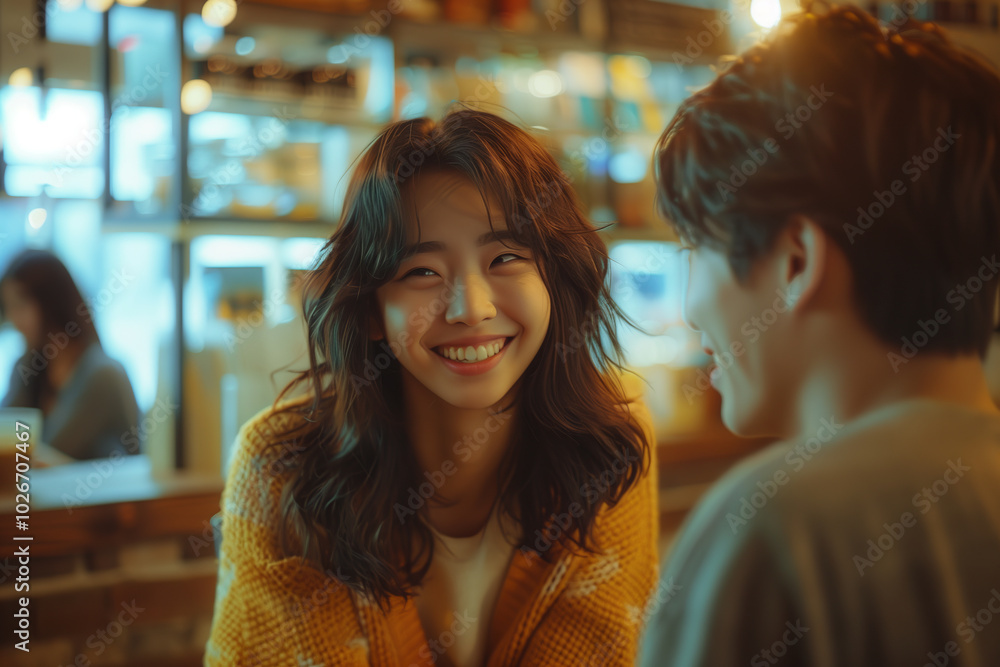 Asian man and woman couple talking in cafe. Asian man and woman couple talking in cafe.