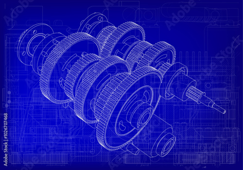 Motorcycle gearbox on blue background.