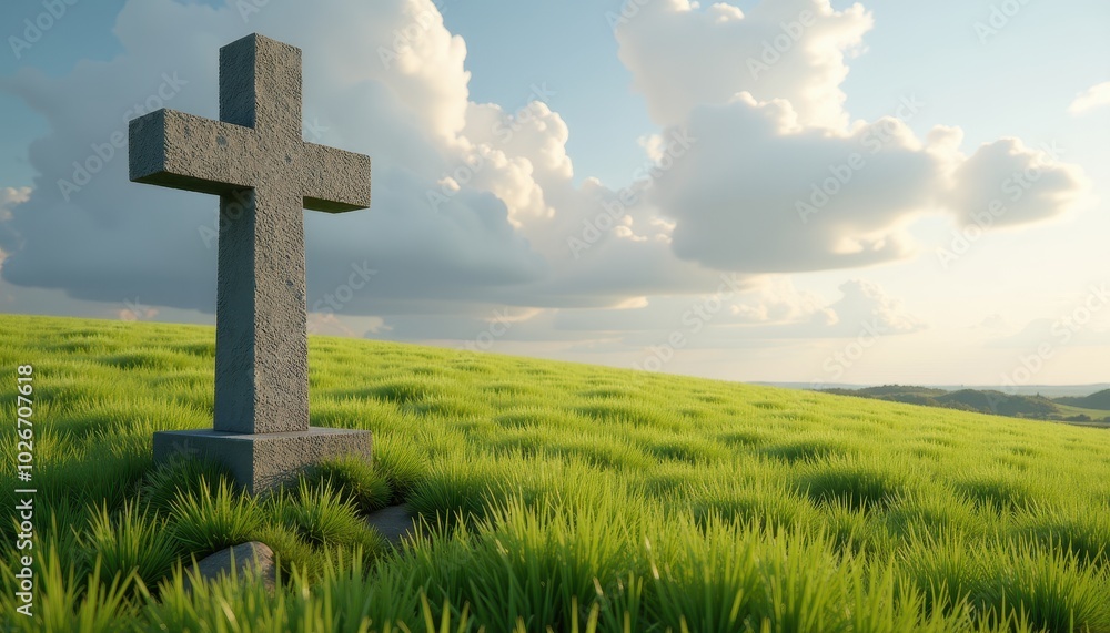 A peaceful meadow with an old stone cross standing tall in the distance, symbolizing the enduring strength of faith in the simplicity of nature A peaceful meadow with an old stone cross standing tall in the distance, symbolizing the enduring strength of faith in the simplicity of nature