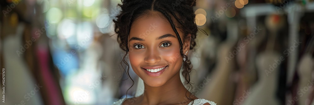 African American woman wearing a wedding dress in a dress shop. African American woman wearing a wedding dress in a dress shop.