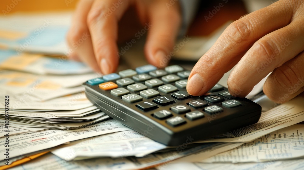Hands holding a calculator next to a pile of invoices and financial documents, symbolizing budget planning and expense tracking. Hands holding a calculator next to a pile of invoices and financial documents, symbolizing budget planning and expense tracking.