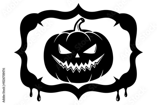 Halloween frame with cartoon pumpkin. Scary, roaring Jack o lantern face with sharp fangs, dripping saliva or droll. Isolated Halloween pumpkin creepy carving cartoon vector frame