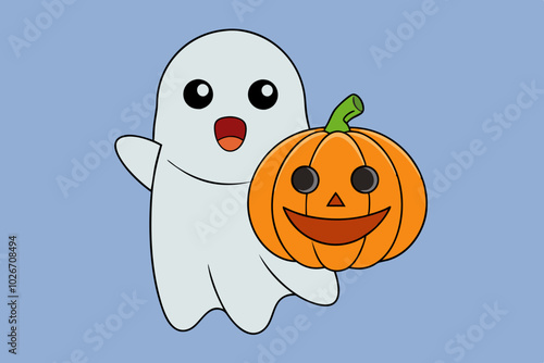 Kawaii ghost with scary pumpkin mask. Spooky funny happy character. Halloween cute flying ghost. Childish boo phantom character for kids. Vector flat hand drawn illustration